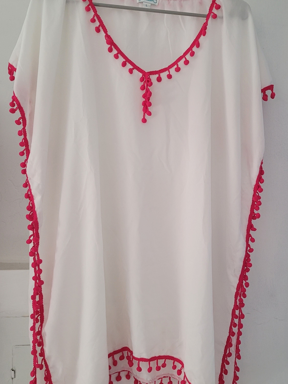 White Sheer Cover Up With Pink Pom-Pom Trim